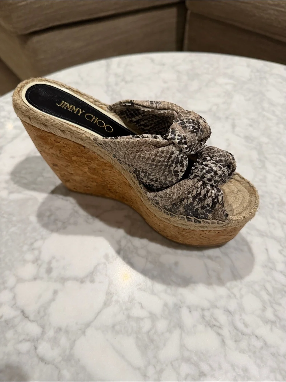 Jimmy Choo Knotted Natural Snake Print Leather Platform Wedge Sandal   37.5